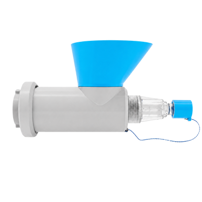 BiFill adapter za 2-kraki priključek z modrim lijakom in vgrajenim filtrom.
